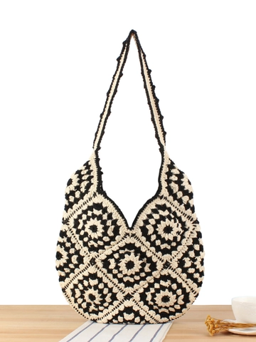 Sac Fourre-tout En Coton Crocheté À La Main Vintage Motif Fleur Géométrique Sac À Épaule Femme Grande Capacité Style Bohème