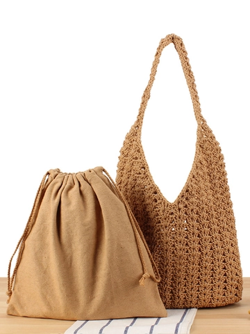 Damen Gewebte Schultertasche Baumwollseil Gehäkelt Handtasche Mit Kordelzug Innentasche Bohemian Strand Urlaub