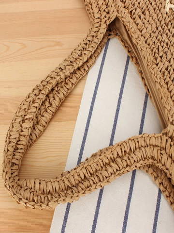 Women Woven Tote Bag Paper Rope Handbag Hollow Out Contrast Color Beach Vacation Casual Shoulder Bag