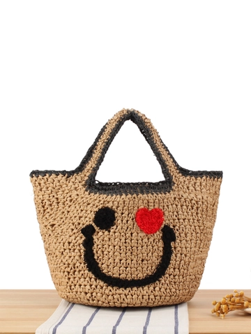 Gewebte Handtasche Smiley Herz Auge Muster Papierstroh Beuteltasche Lässige Strand Urlaub Tote Für Frauen