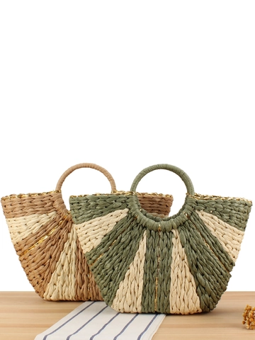 Borsa Tote Intrecciata A Mano In Corda Di Carta A Righe Con Manici Ad Anello Stile Spiaggia Vacanze Per Donne