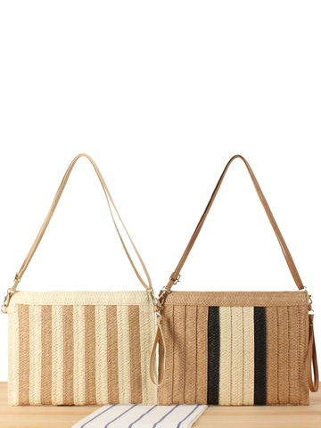 Woven Paper String Crossbody Bag Striped Handmade Straw Style Shoulder Bag For Women Beach Vacation Casual Thin Zipper