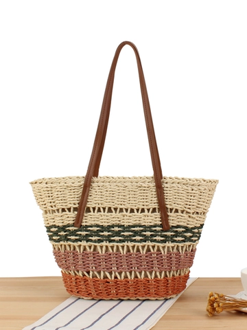 Women Paper Rope Woven Tote Bag Large Capacity Multi-color Striped Bohemian Summer Beach Vacation Shoulder Handbag
