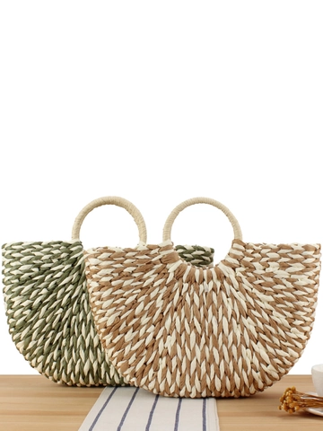 Women Handwoven Paper Rope Handbag Contrast Color Round Handle Summer Beach Holiday Vacation Large Capacity Bohemian