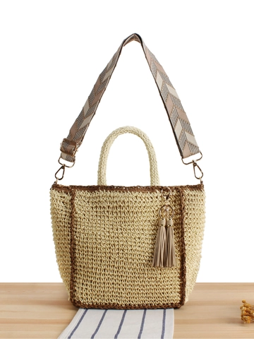 Borsa Tote Intrecciata A Mano Paglia Di Carta Tracolla Larga Geometrica Nappa Vacanze Spiaggia Borsa A Mano Donna