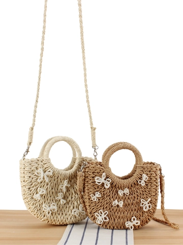Damen Muschelform Papierschnur Webart Umhängetasche Mit Künstliche Perlen Schleife Dekor Sommer Strand Urlaub Handtasche