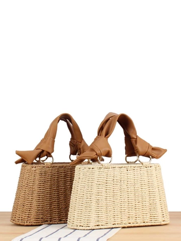 Sac À Main En Paille Tissée Avec Poignée En Cuir PU À Nœud Vacances D'été Plage Trapèze Fourre-Tout Pour Femmes