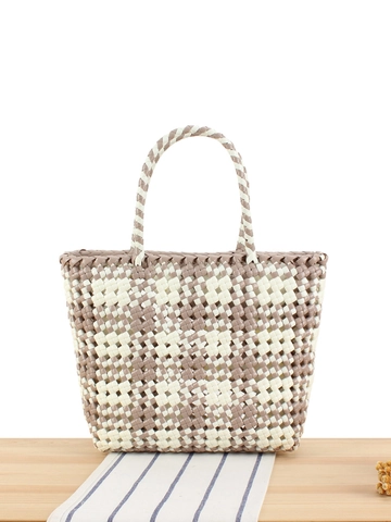 Damen PVC Gewebte Handtasche Schachbrettmuster Wasserdichte Strandtasche Einkaufskorb Frischer Stil