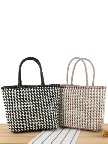 Borsa Tote Intrecciata Plastica PVC Motivo A Scacchi Impermeabile Fatta A Mano Shopping Spiaggia Borsa Da Donna