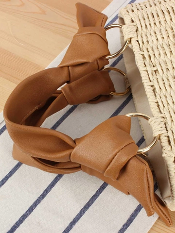 Sac À Main En Paille Tissée Avec Poignée En Cuir PU À Nœud Vacances D'été Plage Trapèze Fourre-Tout Pour Femmes