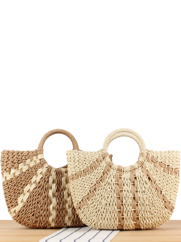 Borsa A Mano Intrecciata Paglia Di Carta Tote Manico Rotondo Estate Spiaggia Vacanze Righe Coulisse Casual Chic Moda Donna