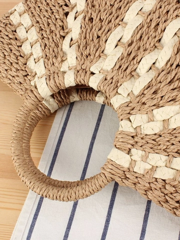 Borsa A Mano Intrecciata Paglia Di Carta Tote Manico Rotondo Estate Spiaggia Vacanze Righe Coulisse Casual Chic Moda Donna