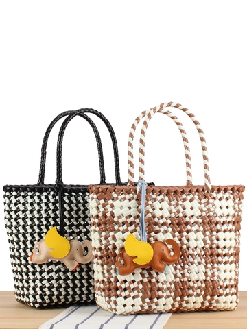 Borsa Tote In PVC Intrecciata A Mano Con Ciondolo Elefante Motivo A Scacchi Borsa Da Spiaggia Casual Per Donne
