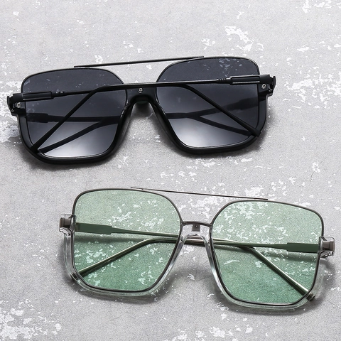 Lunettes De Soleil Carrées Vintage Double Pont Monture Métal PC Protection UV400 Grand Cadre Style Rétro Street Unisex