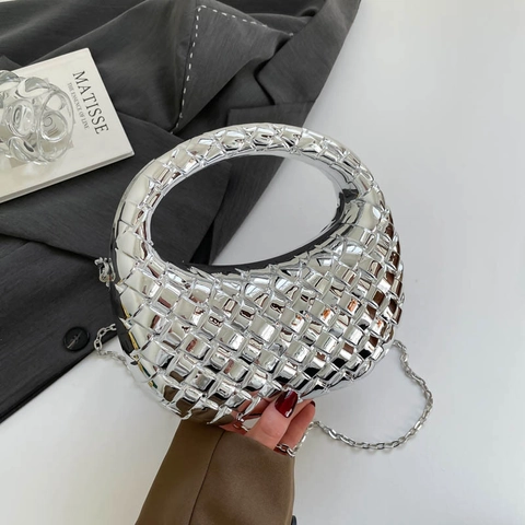 Gevlochten Metalen Acryl Avondtas Halve Maan Spiegelglas Clutch Met Kettingriem Voor Dames Feest Banket Chic