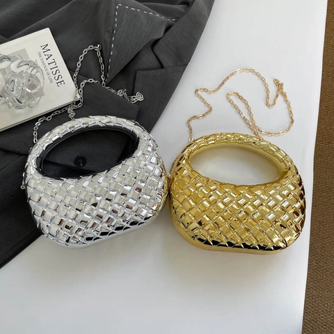 Damen Abendtasche Clutch Metallisch Acryl Gewebtes Muster Halbmond Hobo Tasche Mit Kettenschultergurt Party Hochzeit