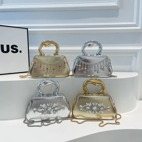 Bolso De Noche Con Pedrería Para Mujer Bolso De Mano Tipo Caja De Cuero PU Con Mango De Metal Decoración De Borlas Y Cadena