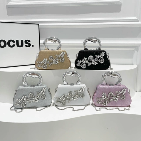 Women Evening Clutch Bag Glitter Rhinestone Flower Metal Handle Luxury Party Wedding Banquet Handbag With Chain Strap