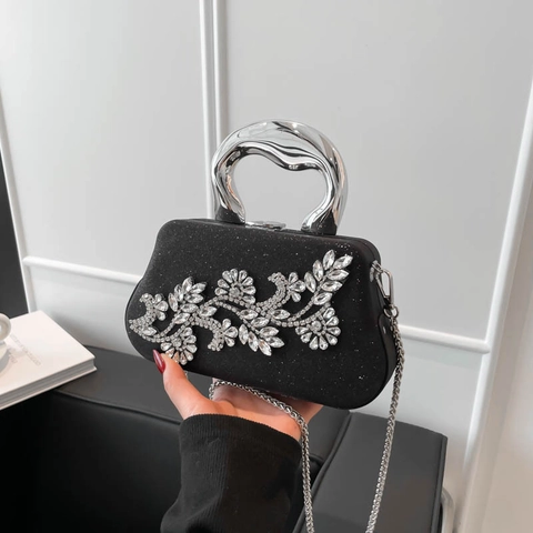 Women Evening Clutch Bag Glitter Rhinestone Flower Metal Handle Luxury Party Wedding Banquet Handbag With Chain Strap