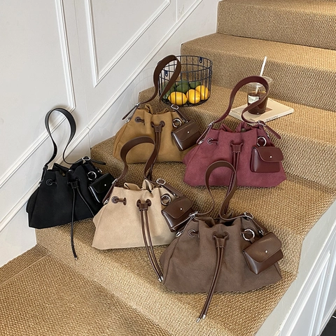 Retro Frosted PU Leather Bucket Bag Drawstring Crossbody Shoulder Handbag With Detachable Mini Pouch For Women