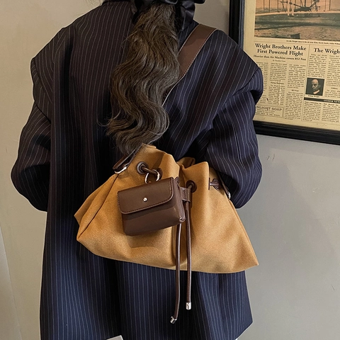 Retro Frosted PU Leather Bucket Bag Drawstring Crossbody Shoulder Handbag With Detachable Mini Pouch For Women