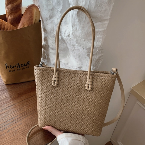 Bolso Tote De Cuero PU Tejido Retro Bolso De Mano Bandolera Para Mujer Viaje Minimalista Color Sólido Moda