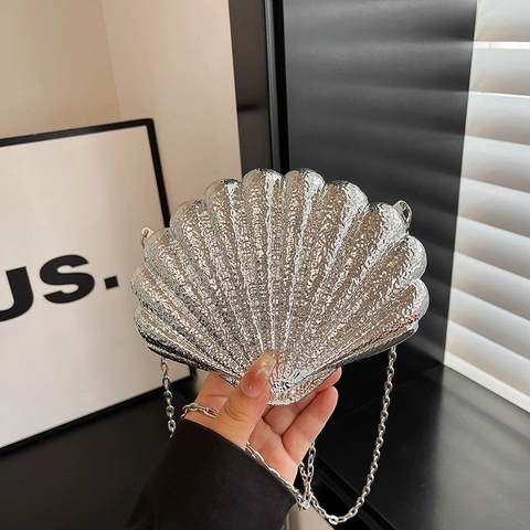 Borsa Da Sera A Forma Di Conchiglia In Acrilico Rigido Glitter Metallico Pochette Da Festa Con Tracolla A Catena