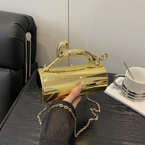 Borsa Da Sera Cilindro Clutch PVC Acrilico Metallo Manico Pantera Tracolla A Catena Rimovibile Festa Lusso Personalità Donna