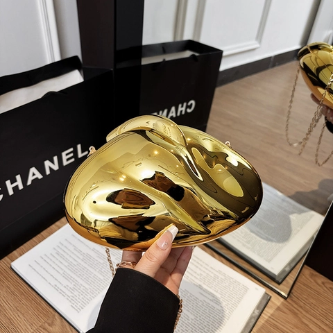 Evening Bag Acrylic Mirror Finish Irregular Organic Shape Pebble Style Clutch With Metal Chain Strap For Women Fashion