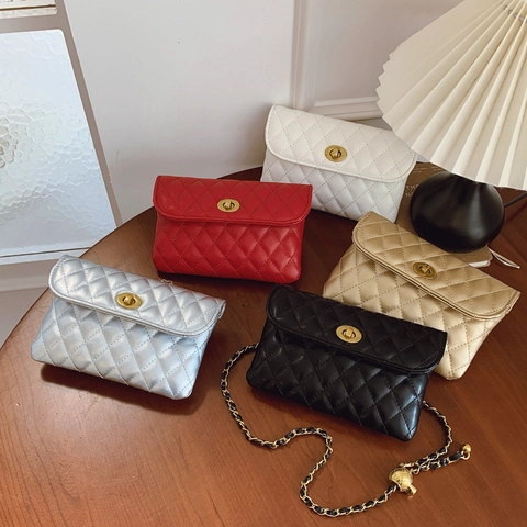 Women Quilted Crossbody Bag PU Leather Diamond Pattern Metal Chain Strap Golden Ball Adjustment Waist Bag Small Square Pocket