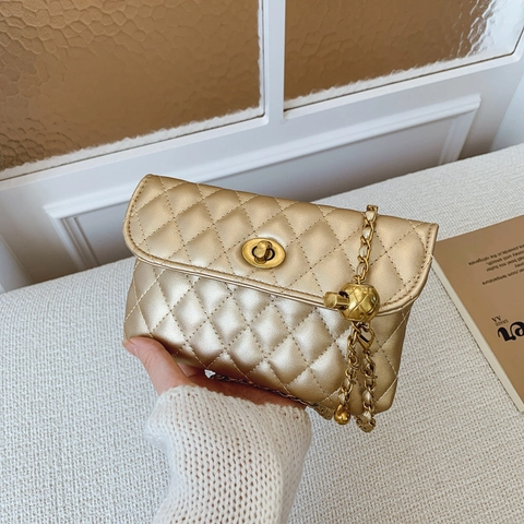 Women Quilted Crossbody Bag PU Leather Diamond Pattern Metal Chain Strap Golden Ball Adjustment Waist Bag Small Square Pocket