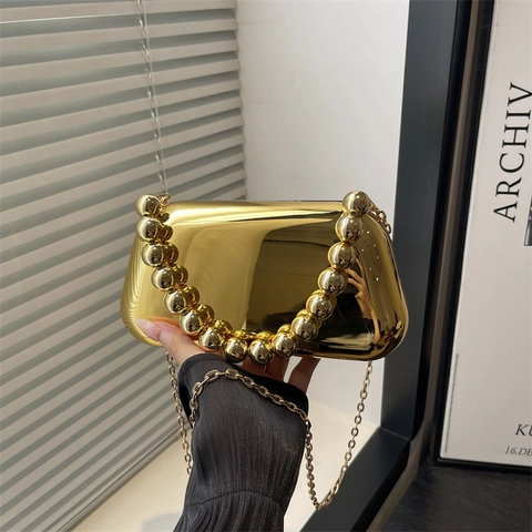 Elegant Evening Bag Acrylic Mirror Plated Beaded Handle Detachable Chain Strap Hard Shell Clutch Party Wedding Purse