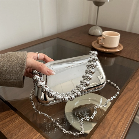 Elegant Evening Bag Acrylic Mirror Plated Beaded Handle Detachable Chain Strap Hard Shell Clutch Party Wedding Purse