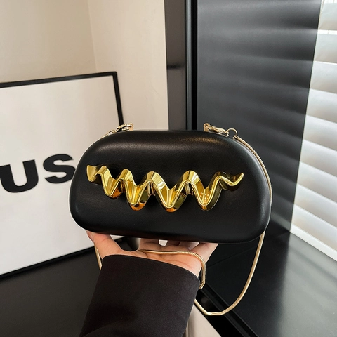 Women Evening Bag Oval PU Leather Clutch With Gold Wave Metal Handle Detachable Chain Strap Crossbody Box Purse