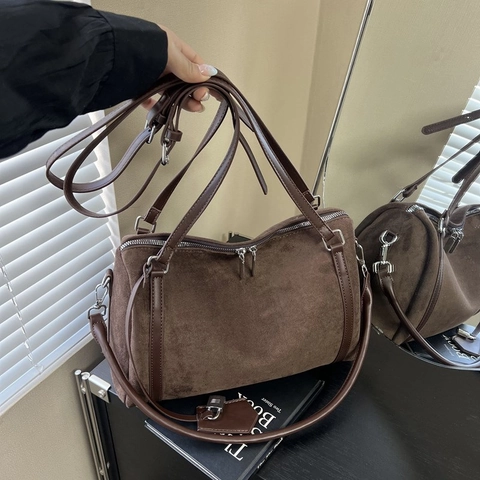 Borsa Boston In Camoscio Da Donna Retro Grande Capacità Borsa A Tracolla Borsa A Mano Stampa Leopardata Hardware Argento