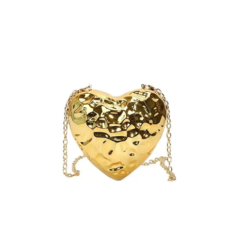 Heart Shaped Evening Bag Acrylic Hard Shell Hammered Texture Metallic Chain Strap Small Clutch Purse For Party Wedding