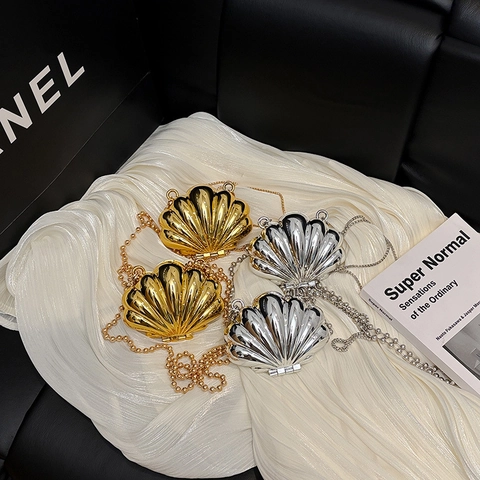 Mini Bolso Bandolera Concha Acrílico Acabado Espejo Metálico Correa Cadena Cierre Magnético Fiesta Boda Moda Elegante Mujer