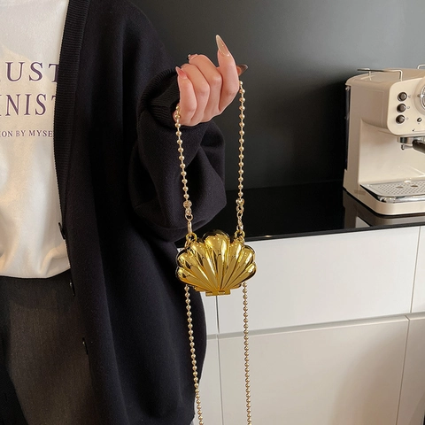 Mini Bolso Bandolera Concha Acrílico Acabado Espejo Metálico Correa Cadena Cierre Magnético Fiesta Boda Moda Elegante Mujer