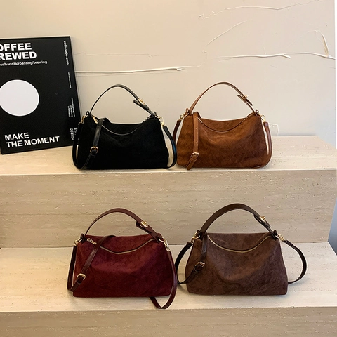Retro Suede Rhombus Pattern Crossbody Bag For Women Large Capacity Shoulder Handbag Gold Hardware Vintage Style