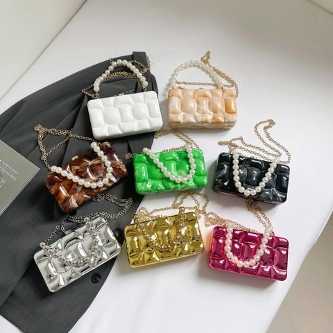 Pochette Da Sera In Acrilico Da Donna Manico In Künstliche Perle Trapuntato Geometrico Guscio Rigido Borsa Box Per Festa Banchetto