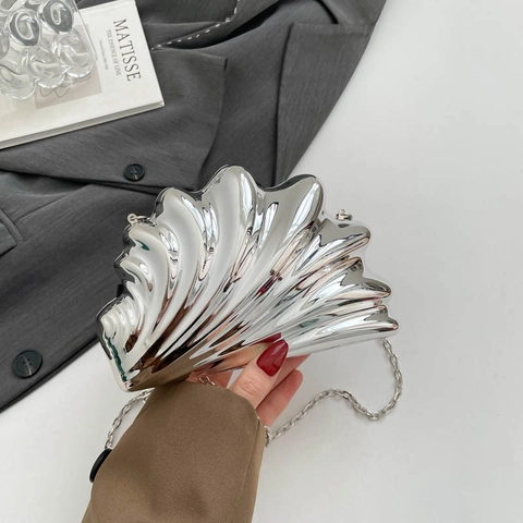 Shell Shaped Evening Clutch Bag Acrylic Mirror Finish Metallic Chain Shoulder Handbag For Women Party Dinner Wedding