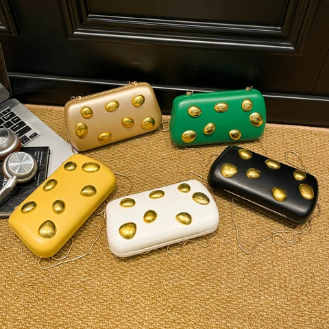 Evening Clutch Bag PU Leather Box Shape Gold Pebble Metal Decor Chain Shoulder Strap Party Banquet Minimalist Elegant