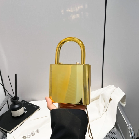Abendtasche In Vorhängeschlossform Galvanisierte Spiegel Acryl Hartschale Clutch Mit Metallgriff Und Kette Für Damen