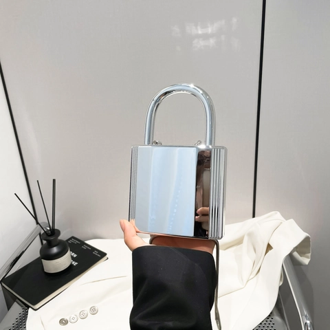 Abendtasche In Vorhängeschlossform Galvanisierte Spiegel Acryl Hartschale Clutch Mit Metallgriff Und Kette Für Damen