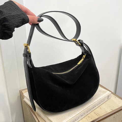 Crescent Hobo Tasche Damen Wildlederimitat Umhängetasche Vintage Halbmond Große Kapazität Verstellbarer Gurt Goldbeschläge