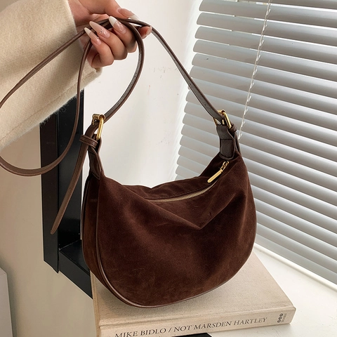 Crescent Hobo Tasche Damen Wildlederimitat Umhängetasche Vintage Halbmond Große Kapazität Verstellbarer Gurt Goldbeschläge