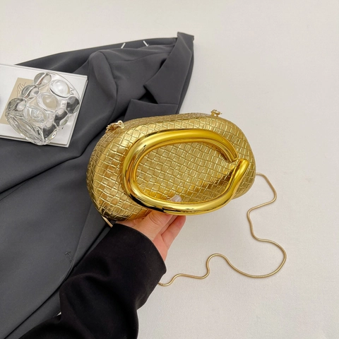 Goldene Gewebte Abendtasche PU Leder Clutch Mit Metallgriff Und Kettenriemen Damen Party Abendessen Modern Mode
