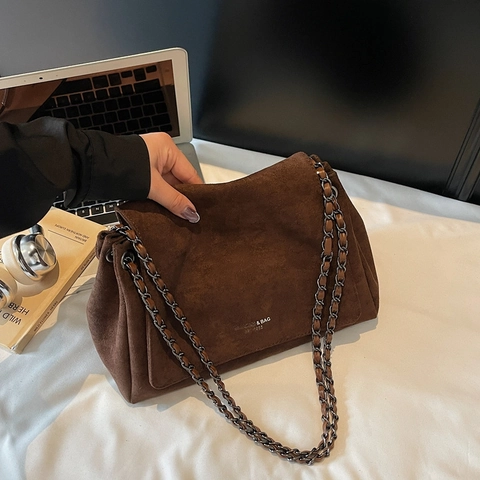 Vintage Umhängetasche Aus Wildleder Für Damen Große Kapazität Schulter Achseltasche Mit Metallkettenriemen Einfacher Retro Stil