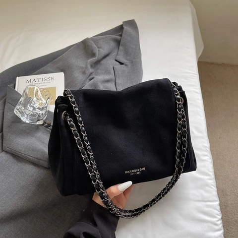 Vintage Umhängetasche Aus Wildleder Für Damen Große Kapazität Schulter Achseltasche Mit Metallkettenriemen Einfacher Retro Stil