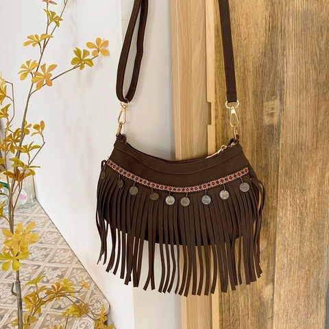 Borsa A Tracolla In Camoscio Boho Con Lunghe Frange Ricami Etnici Borsa A Spalla Vintage Da Donna Con Ciondoli Moneta